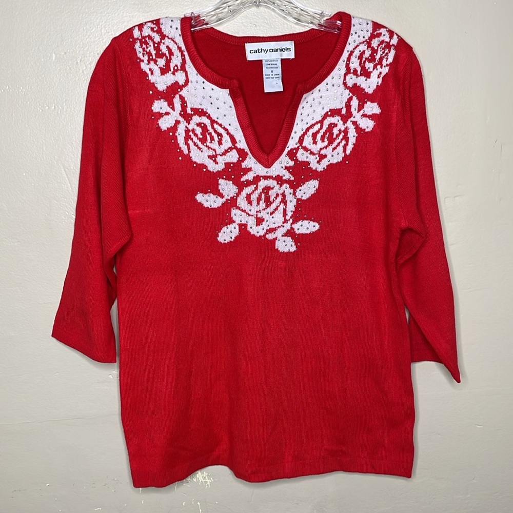 Vintage Cathy Daniels Sweater Red & White Rose Silver Bling 3/4 Sleeves Small